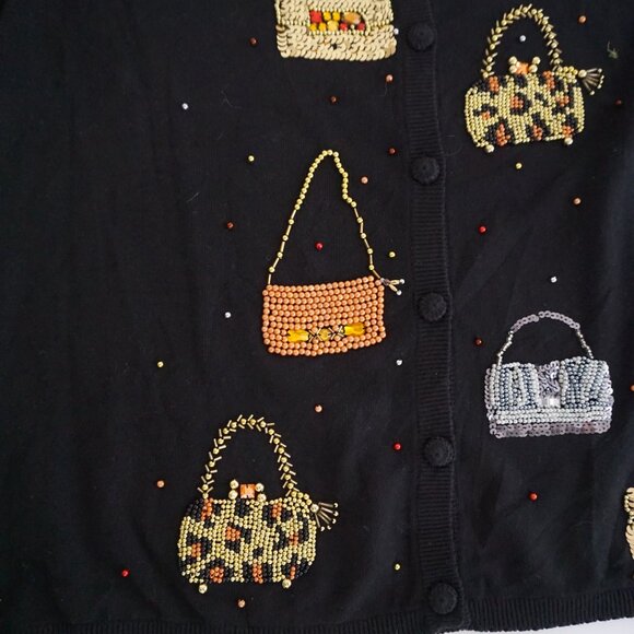 Absolutely Fabulous Black w Gold Beaded Purse Motif Glam 90s Sweater L - Picture 7 of 10